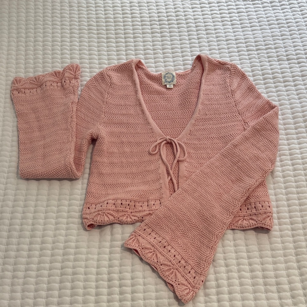 Francesca’s Collections Pink Crochet Tie Cardigan